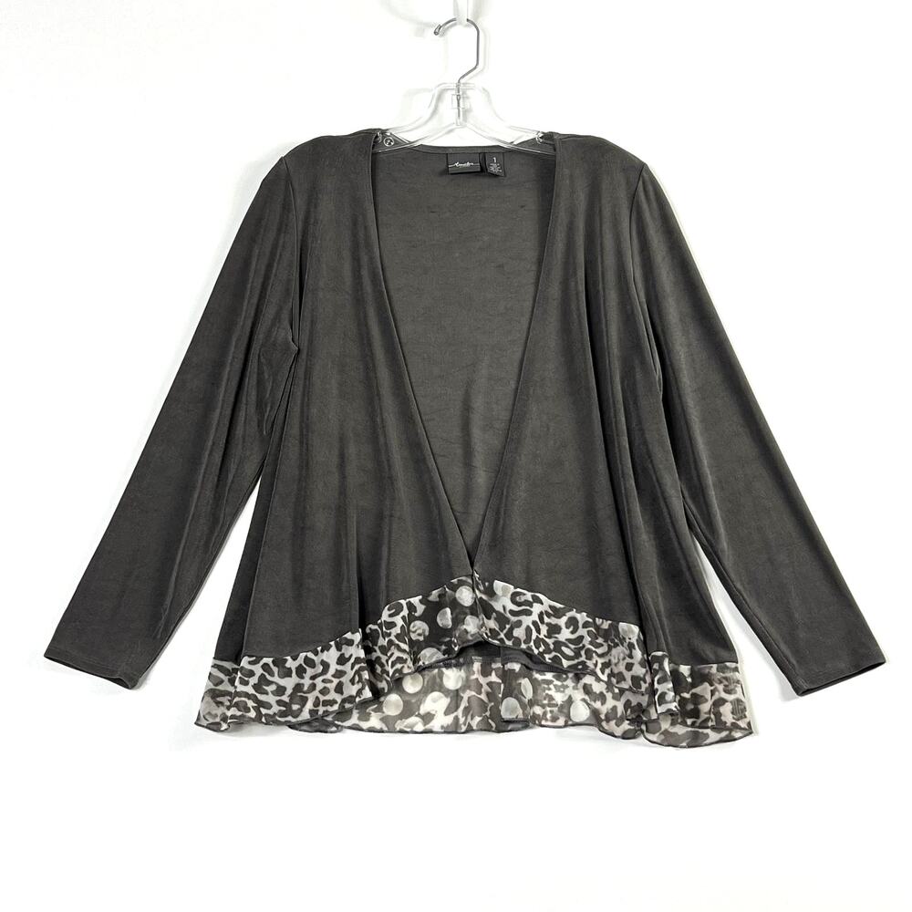 Chicos Travelers Long Sleeve Open Front Ruffle Cardigan Taupe Womens 1 Medium